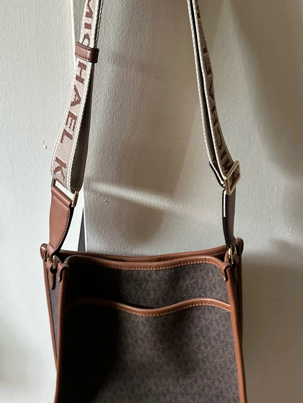 Michael Kors Brown Tan Monogram Crossbody Bag with Logo Strap